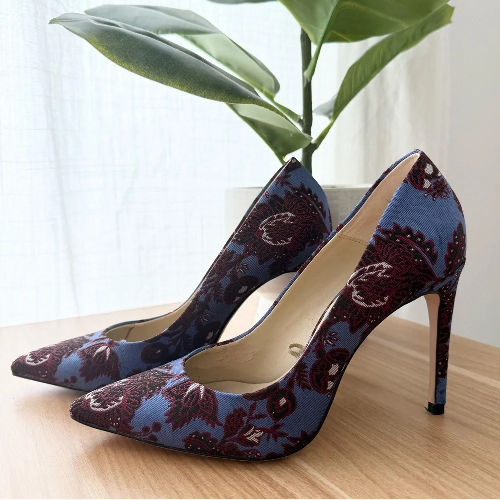 Zara blue & burgundy floral jacquard pointed toe stiletto pumps - size 7 (37) - Picture 7 of 11